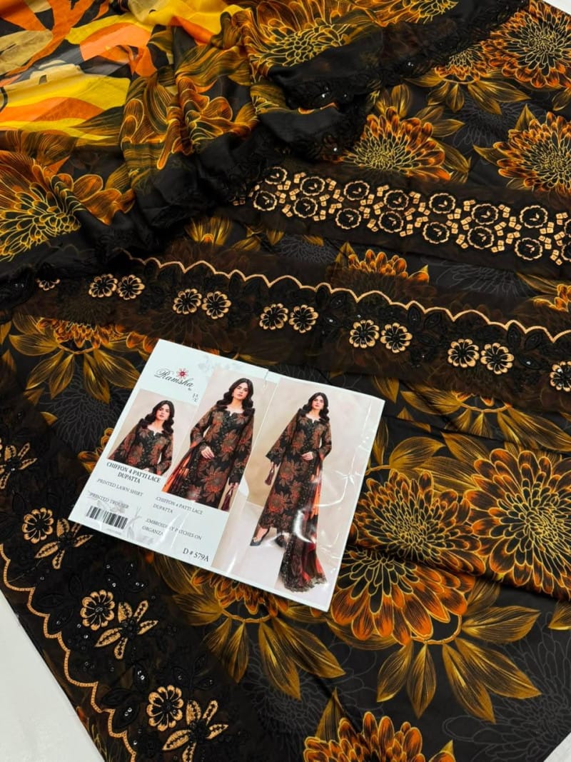 Digital Printed Lawn With EMB Patches 3PC