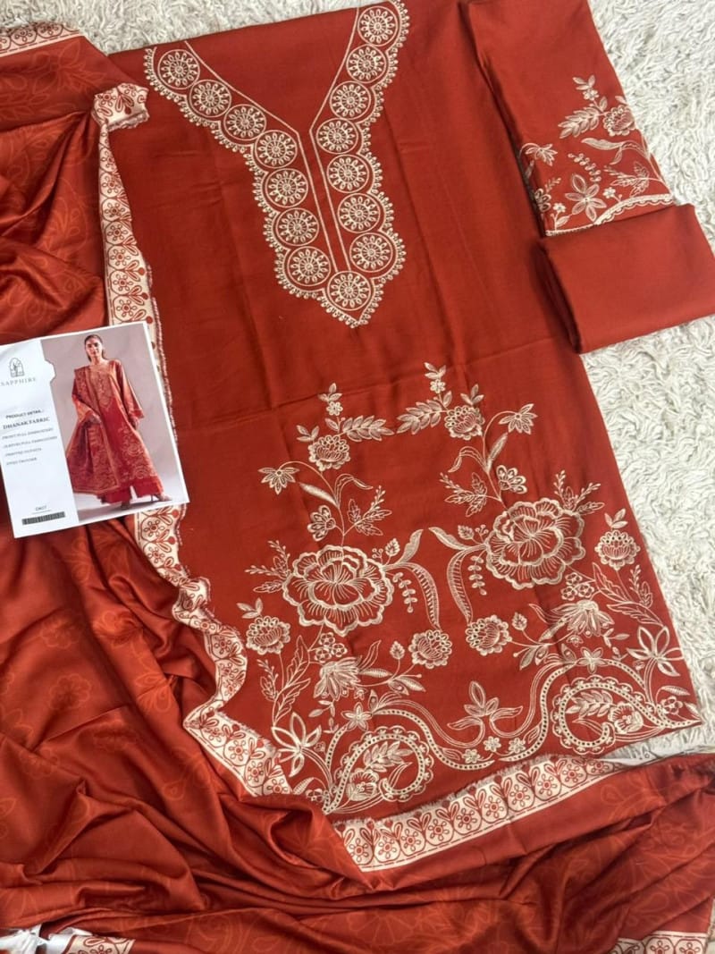 3 Piece Unstitched Heavy Embroidered Dhanak Suit (Printed Woolen Shawl)