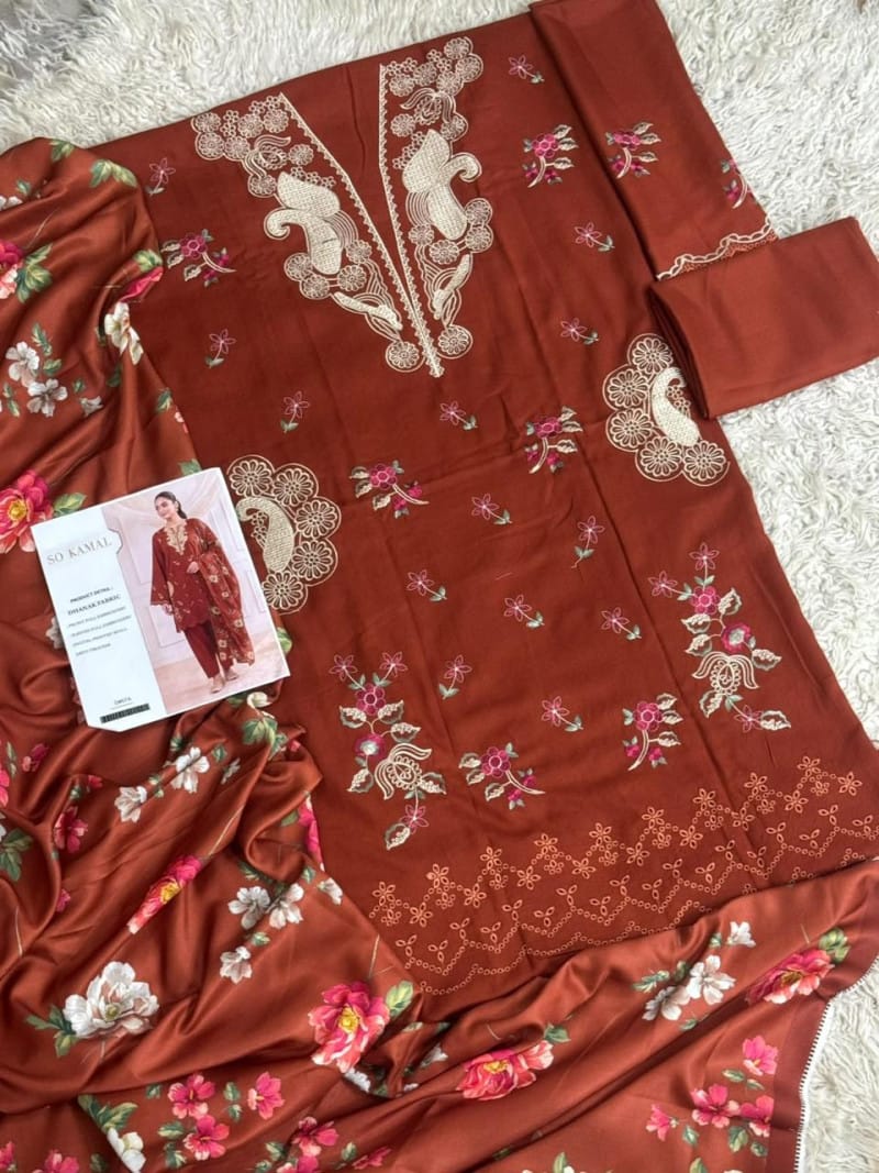 3 Piece Unstitched Heavy Embroidered Dhanak Suit (Printed Woolen Shawl)