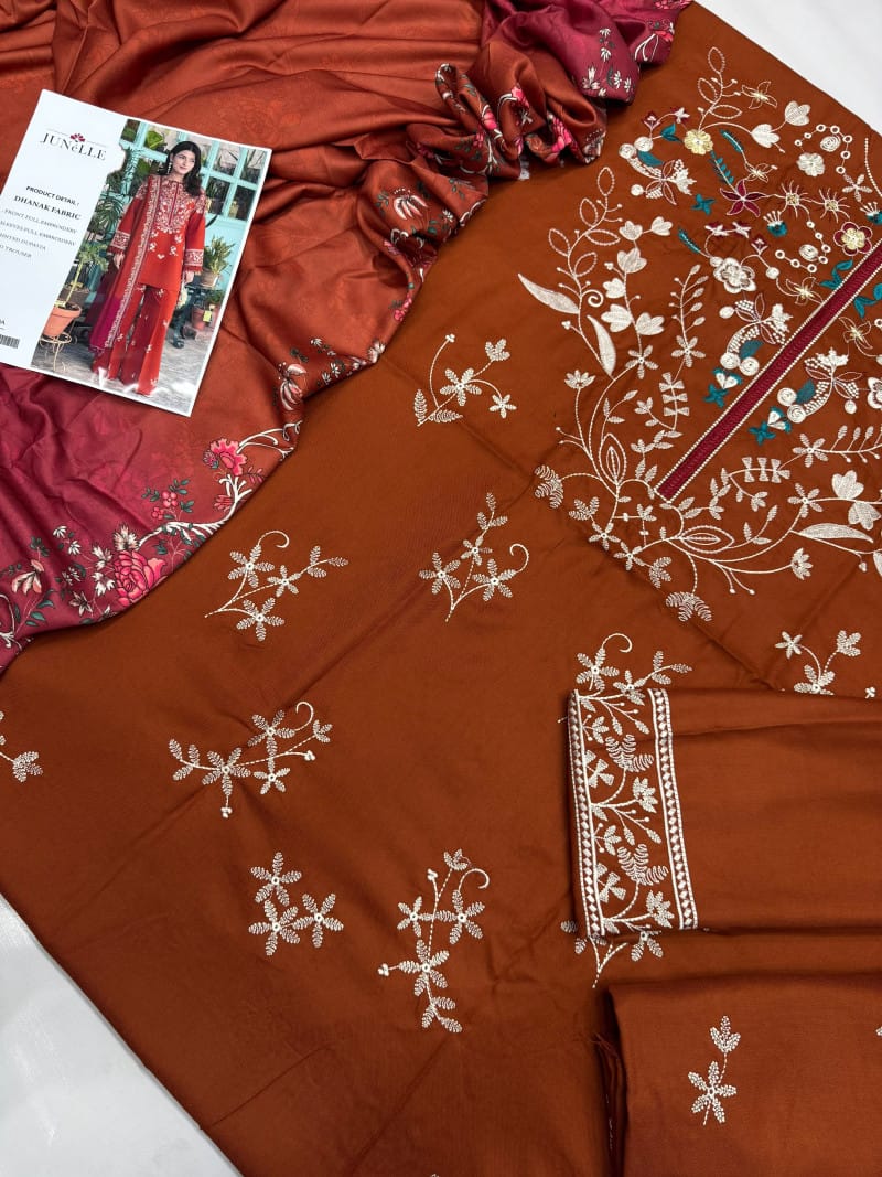 3 Piece Unstitched Heavy Embroidered Dhanak Suit (Printed Woolen Shawl)