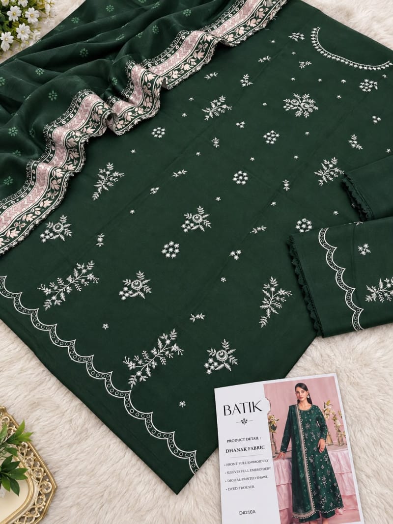 3 Piece Unstitched Heavy Embroidered Dhanak Suit (Printed Woolen Shawl)