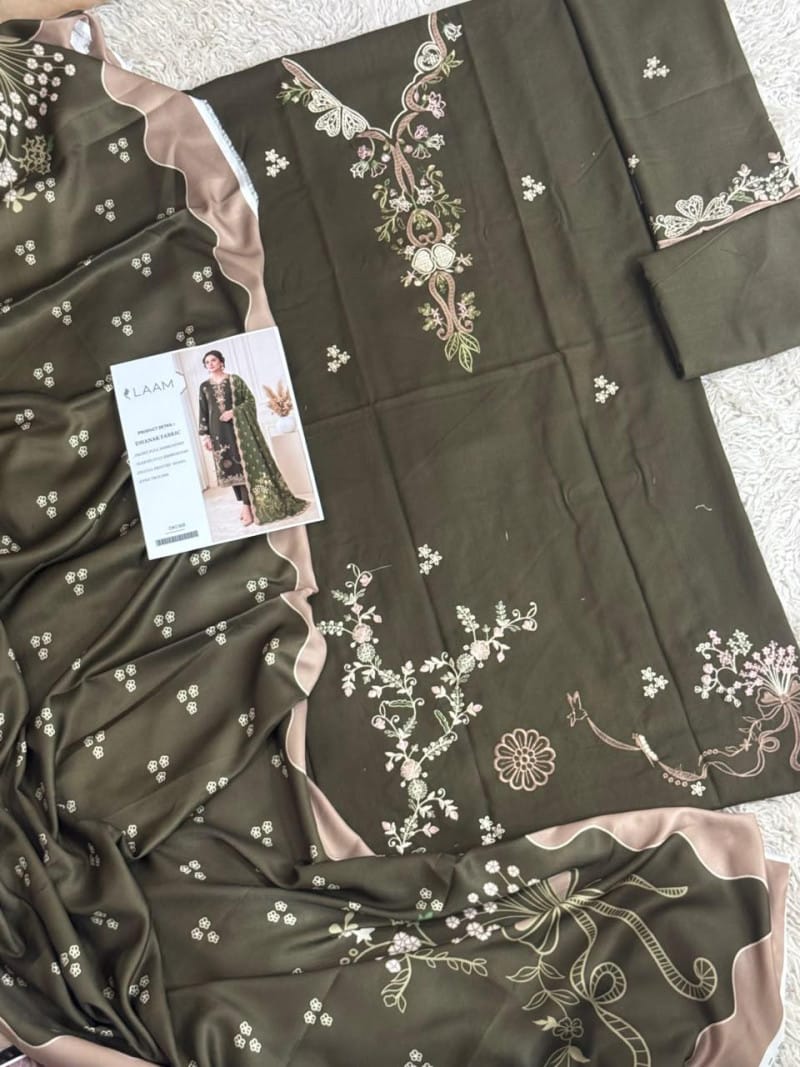 3 Piece Unstitched Heavy Embroidered Dhanak Suit (Printed Woolen Shawl)