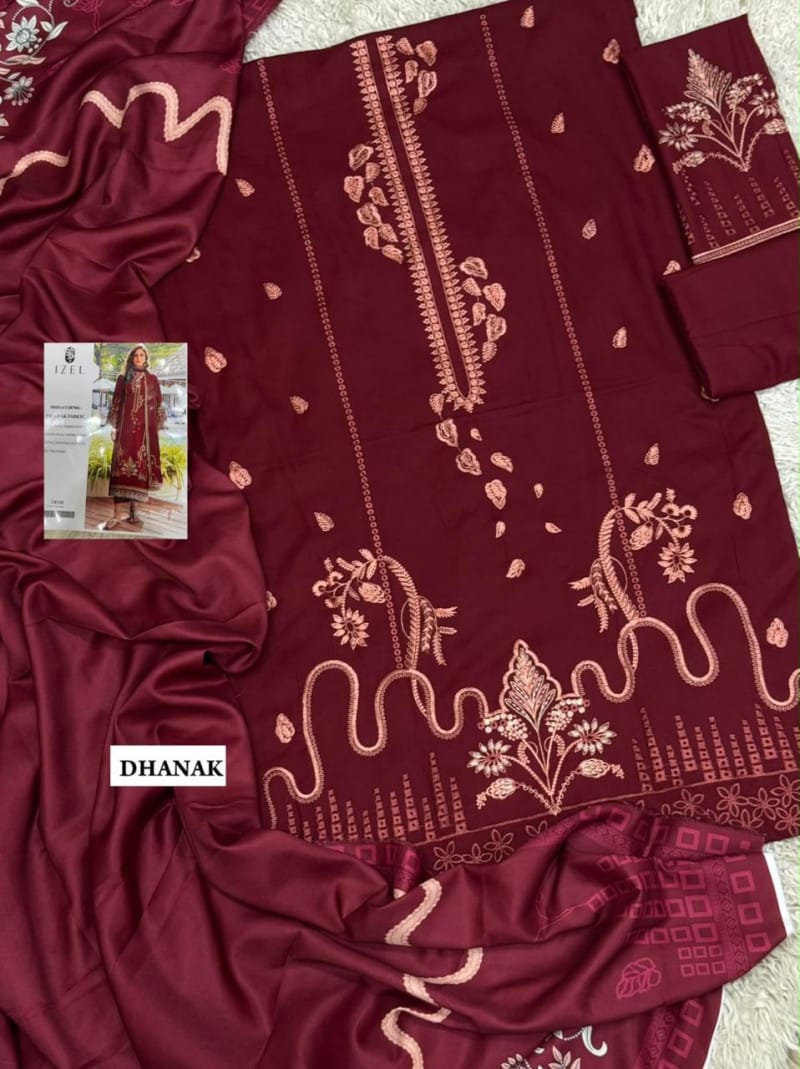 3 Piece Unstitched Heavy Embroidered Dhanak Suit (Printed Woolen Shawl)