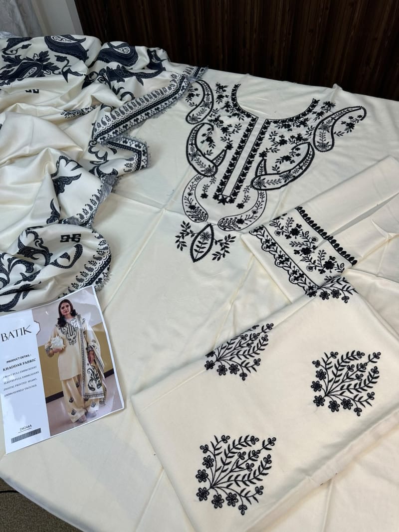 3 Piece Unstitched Heavy Embroidered Dhanak Suit (Printed Woolen Shawl)