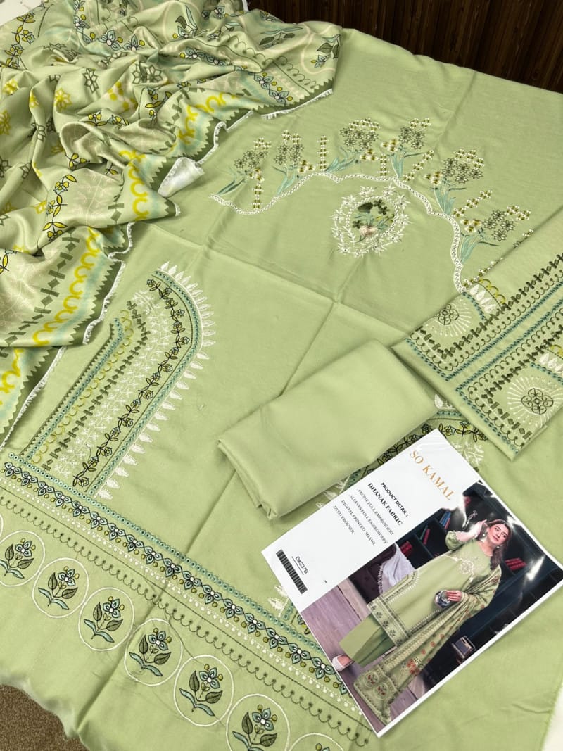 3 Piece Unstitched Heavy Embroidered Dhanak Suit (Printed Woolen Shawl)